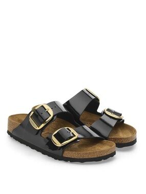 EUC Birkenstock Arizona Big Buckle Shiny Black/Gold